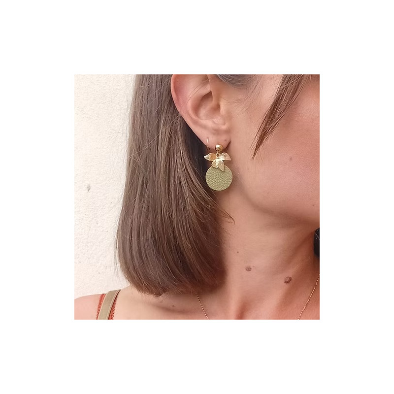 Boucles d'Oreilles Cécile Léonard Créa Bouquet De Feuilles Cuir Vert Et Doré