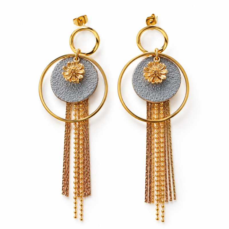 Boucles d'oreilles Clous Cécile Léonard Créa Bouton de fleur Cuir Bleu et Doré