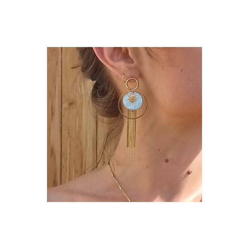 Boucles d'oreilles Clous Cécile Léonard Créa Bouton de fleur Cuir Bleu et Doré