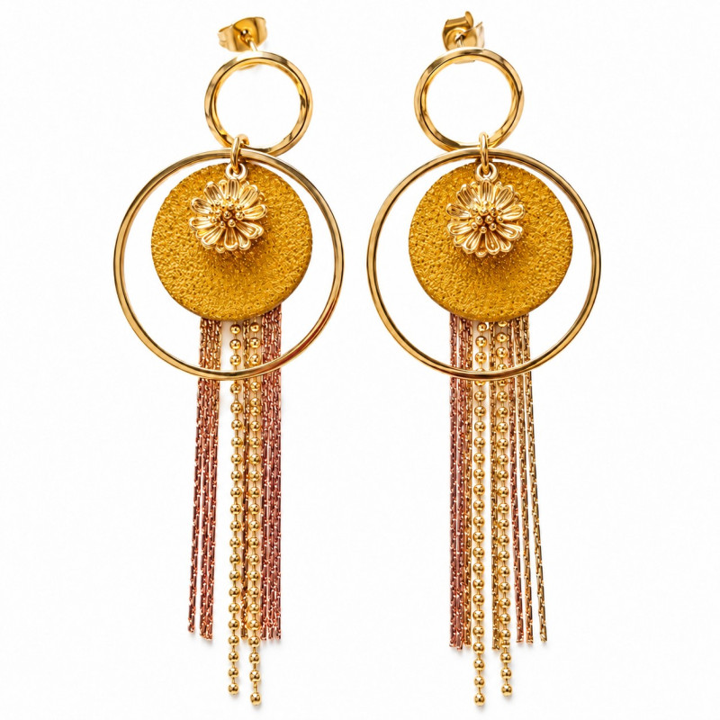 Boucles d'Oreilles Clous Cécile Léonard Créa Bouton De Fleur Cuir Jaune Et Doré