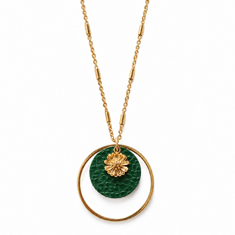 Collier Cécile Léonard Crea Fleur Pampilles Doré Cuir Vert