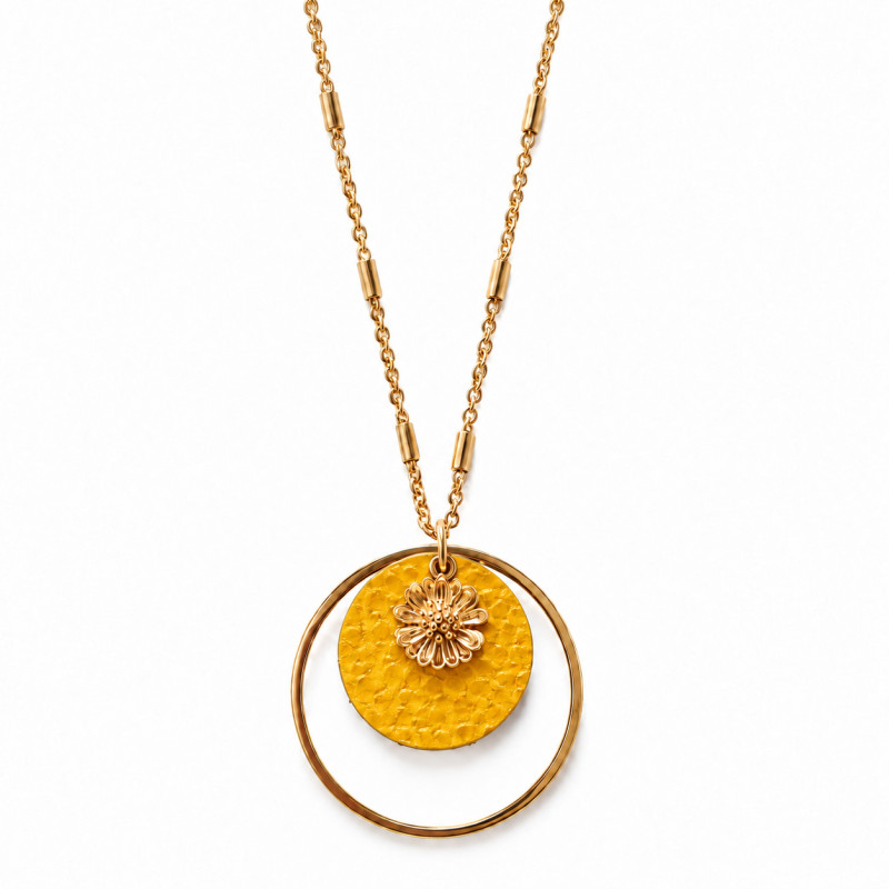 Collier Cécile Léonard Crea Fleur Pampilles Dorées Cuir Jaune