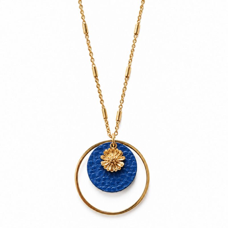 Collier Cécile Léonard Créa Fleur Pampilles Cuir Bleu Et Doré