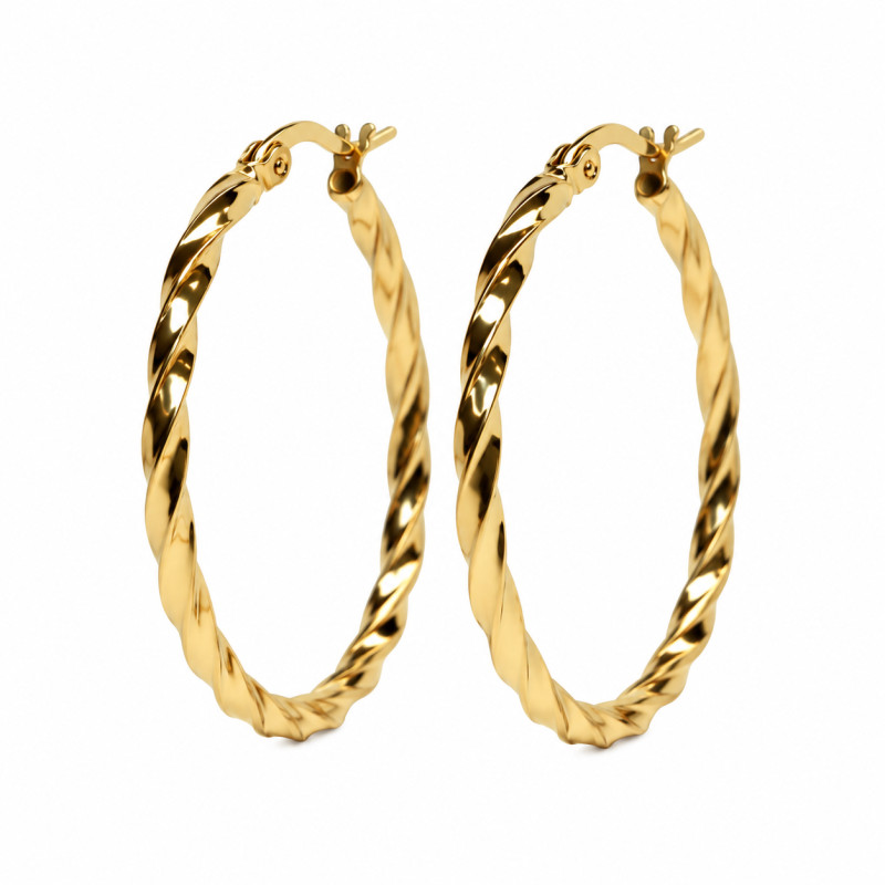 Boucles d'Oreilles Créoles torsadées Amporelle acier doré