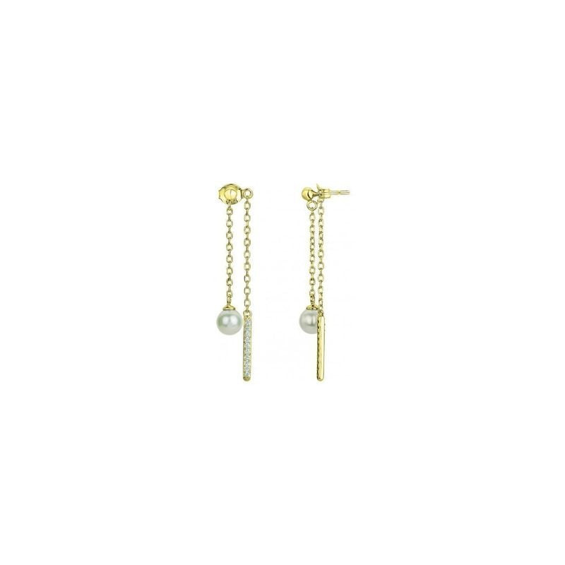 Boucles d'oreilles pendantes plaquées or à double chaîne, perle d'eau douce et barre pavée blanche, 