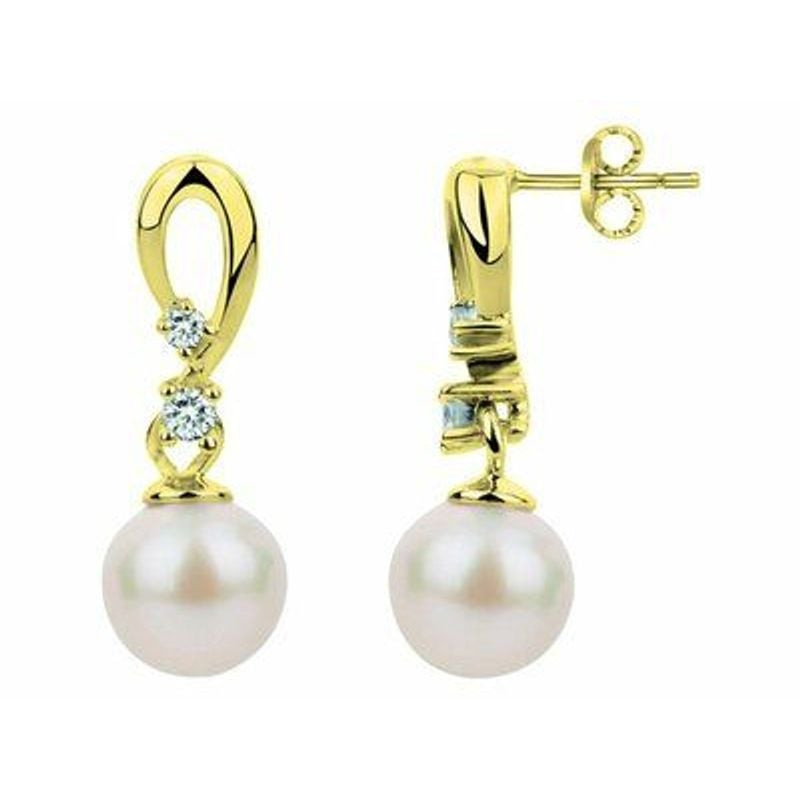 Boucles d'oreilles pendantes plaqué or, deux oxydes de zirconium blancs et perle d'eau douce 6 mm, v