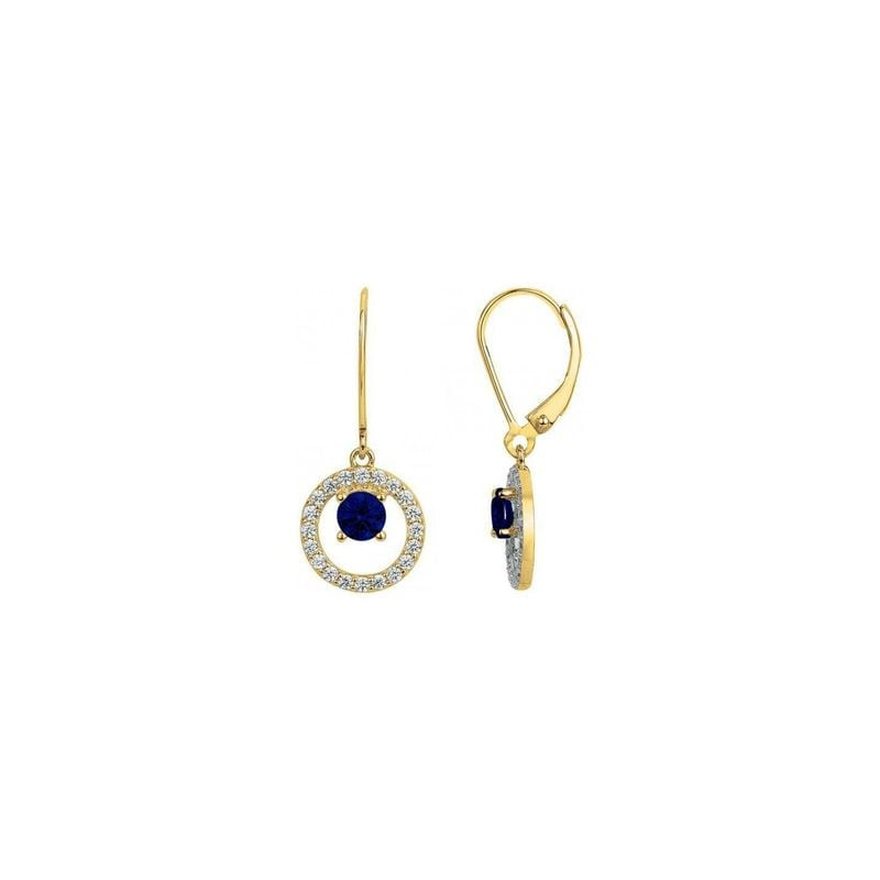 Paire de dormeuses rondes plaquées or, halo de zirconium blanc et pierre centrale bleu foncé, vues f