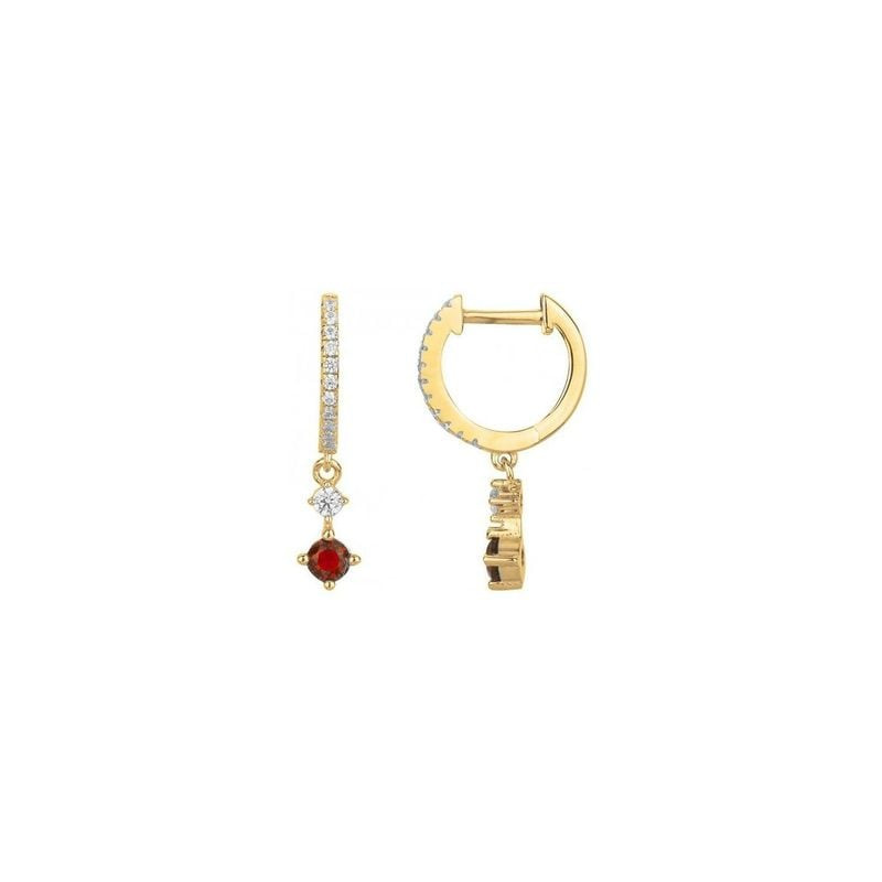 Boucles d'oreilles créoles pendantes plaquées or, zirconium blanc et pierres rouges scintillantes