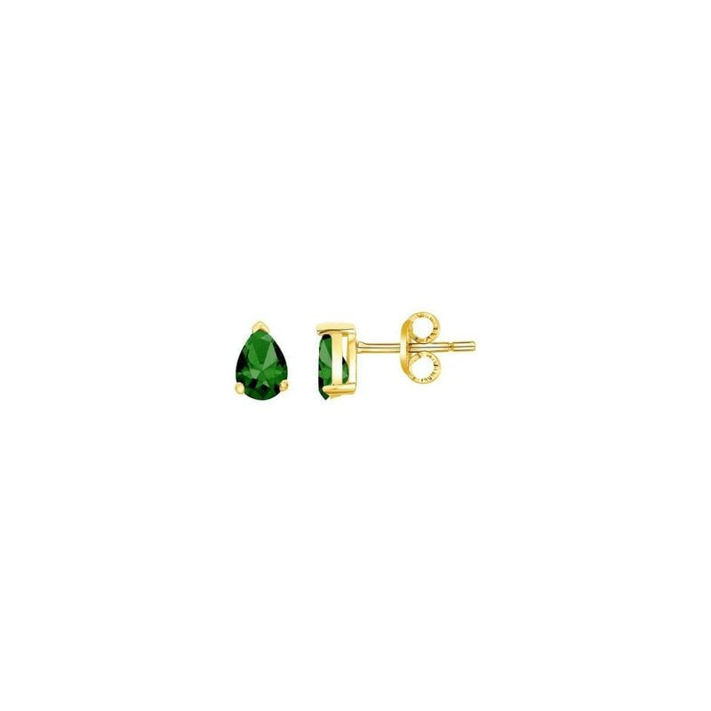 Boucles d'oreilles clous goutte plaquées or avec pierres en zircone verte facettées, vues de face et