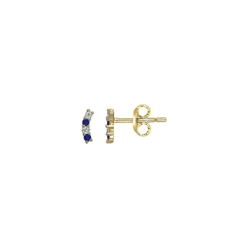Boucles d'oreilles clous plaquées or, rangée alternée d'oxydes de zirconium blancs et bleu foncé, fa