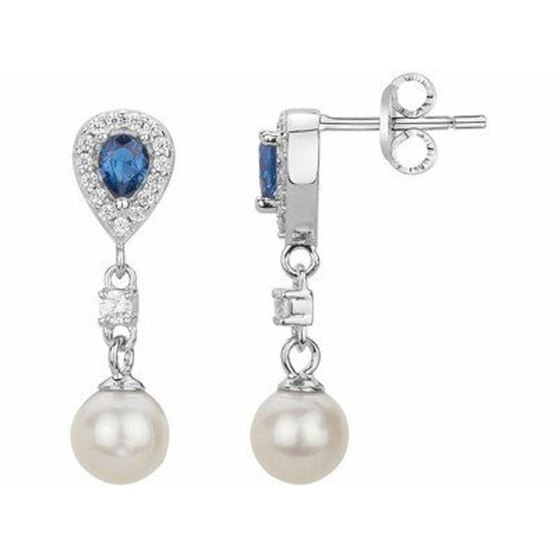 Boucles d'oreilles pendantes argent : halo de zircone bleue en forme de poire avec perle d'eau douce