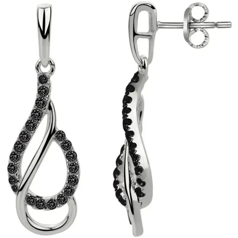 Boucles d'oreilles pendantes PHEBUS motif infini en argent 925 blanc, oxydes de zirconium noirs, vue