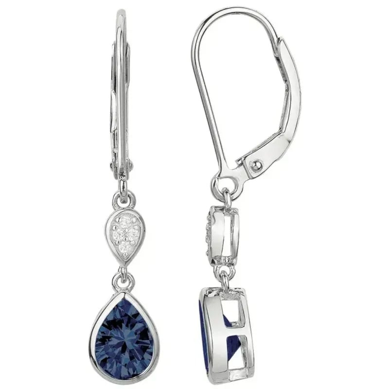 Paire de boucles d'oreilles pendantes argent 925 avec goutte bleue saphir et oxydes de zirconium bla