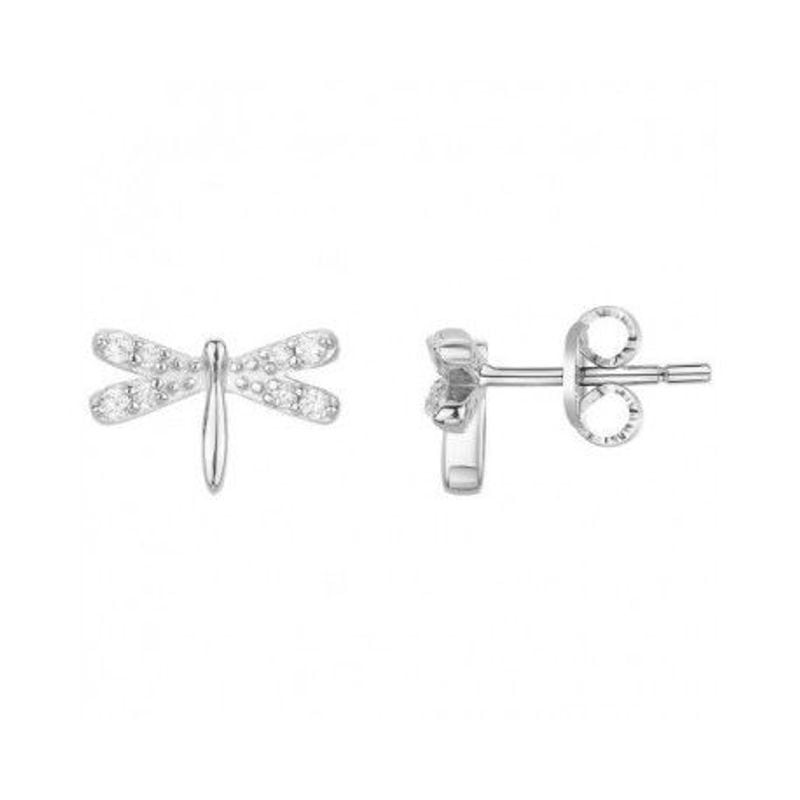 Boucles d'oreilles puces libellule en argent rhodié serties d'oxydes de zirconium blancs, vues de fa