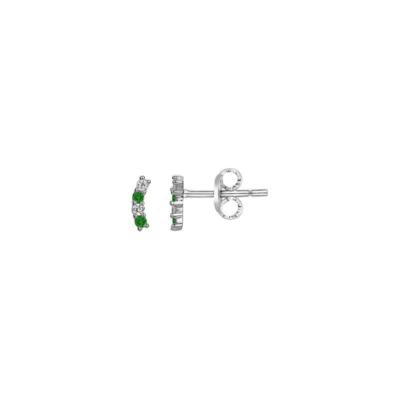 Boucles d'oreilles puces Phebus Ceranity en argent avec zircons blancs et vert émeraude, vues de fac
