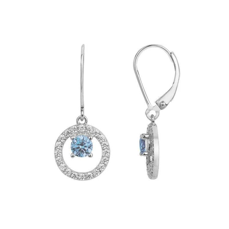 Boucles d'oreilles pendantes cercle en argent, halo de zircons blancs et zircone bleue topaze centra
