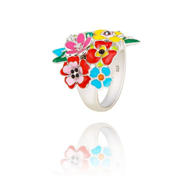 Bague Una Storia Madeira fleur argent 925/000, packshot sur fond neutre avec émail coloré et zirconi