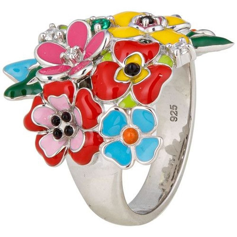Détail de la bague Una Storia Madeira fleur en argent 925/000, émail coloré et zirconiums