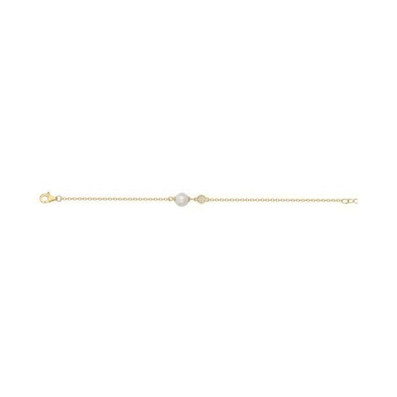 Bracelet chaîne plaqué or posé à plat, perle d'eau douce 8 mm et pierre de zirconium au centre, ferm