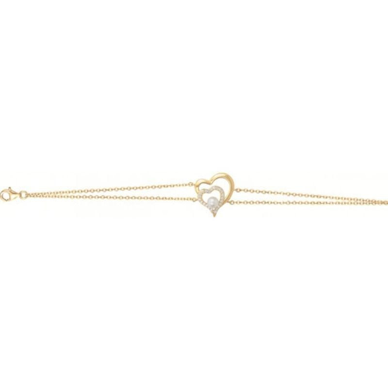 Bracelet plaqué or avec motif double cœur ouvert, oxydes de zirconium blancs et perle d'eau douce de