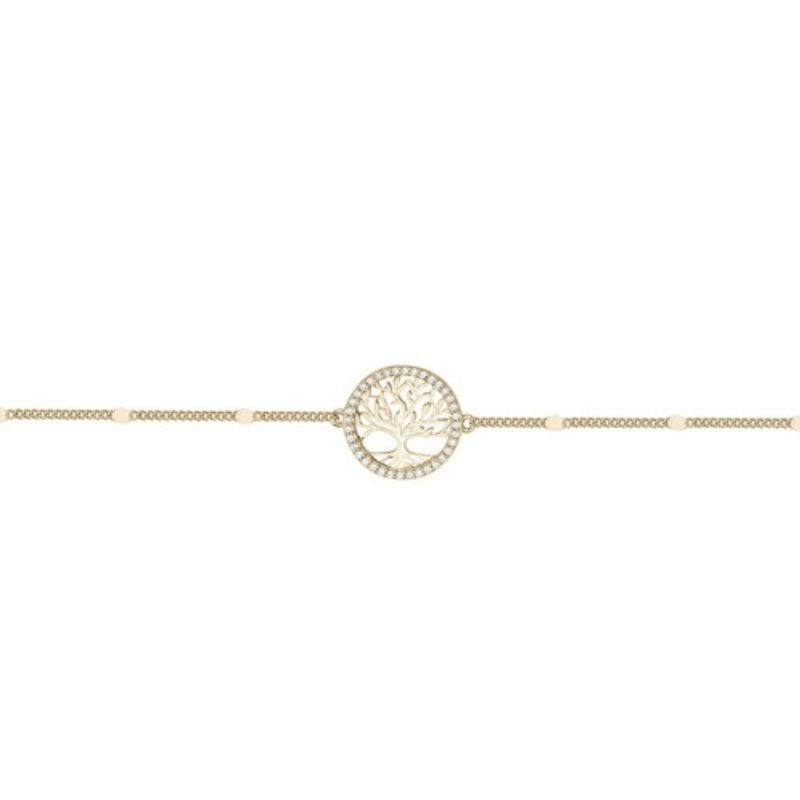 Bracelet Arbre de Vie plaqué or, halo circulaire de zircons blancs et fine chaîne ajustable sur fond