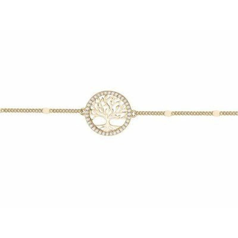 Gros plan du médaillon Arbre de Vie du bracelet plaqué or avec 36 oxydes de zirconium blancs et chaî