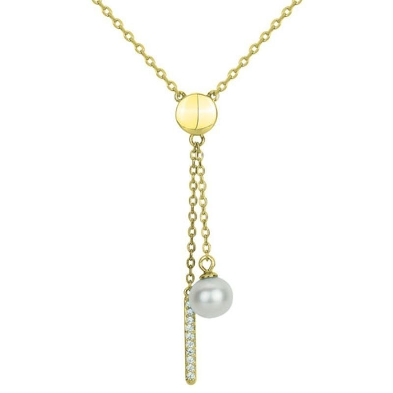 Collier lariat doré à chaîne fine, perle centrale, pendentif perle blanche et barrette en zircone pa