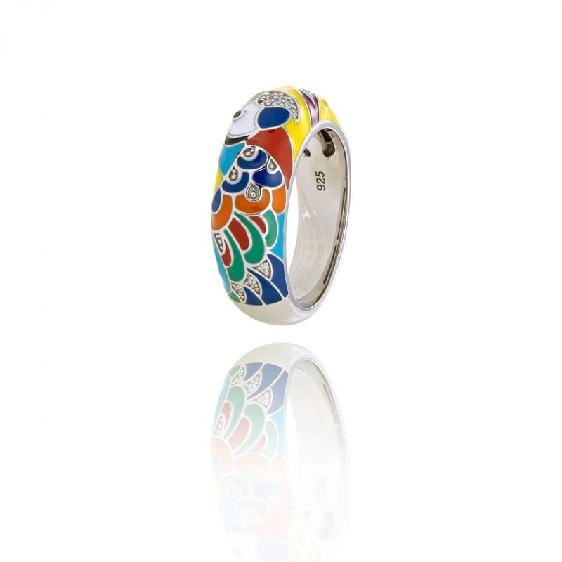 Packshot de la Bague Una Storia Lovebird Perroquet Laquée Multicolore Argentée