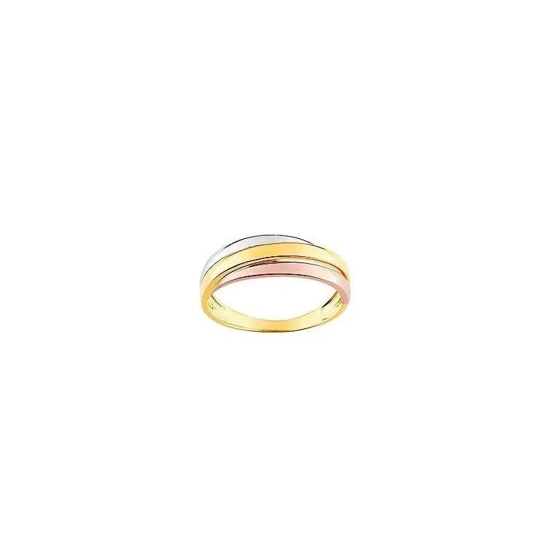 Bague tricolore en or 9 carats avec trois anneaux soudés en or jaune, rose et blanc, photographiée s