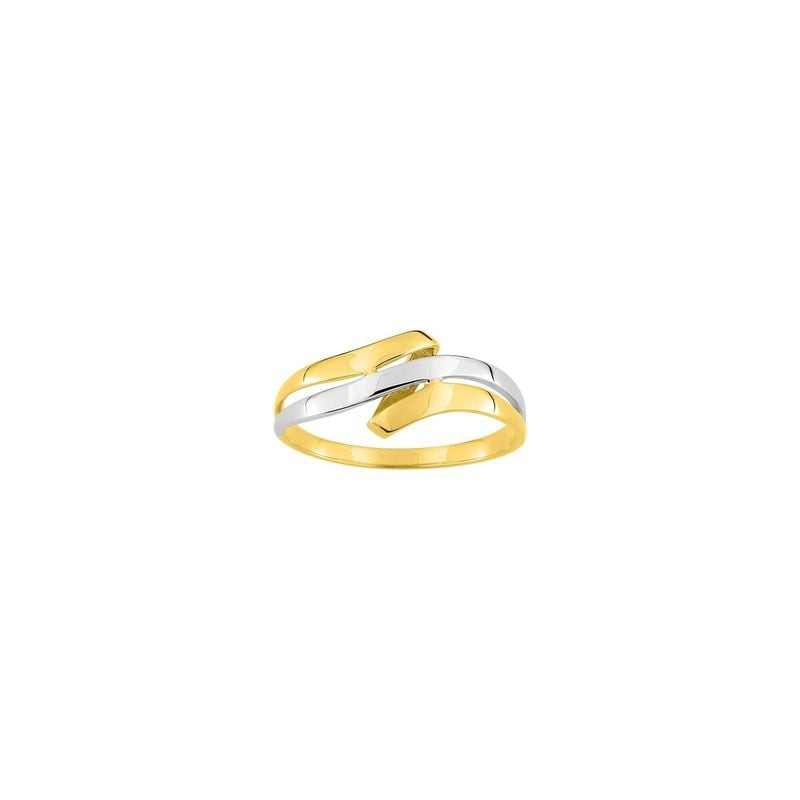 Bague bicolore en or 9 carats, or jaune et rhodium, design croisé poli.