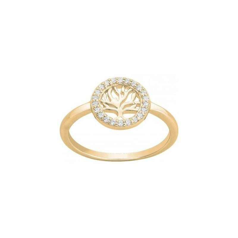 Bague plaquée or motif Arbre de Vie entouré de 22 oxydes de zirconium blancs, vue de face sur fond b